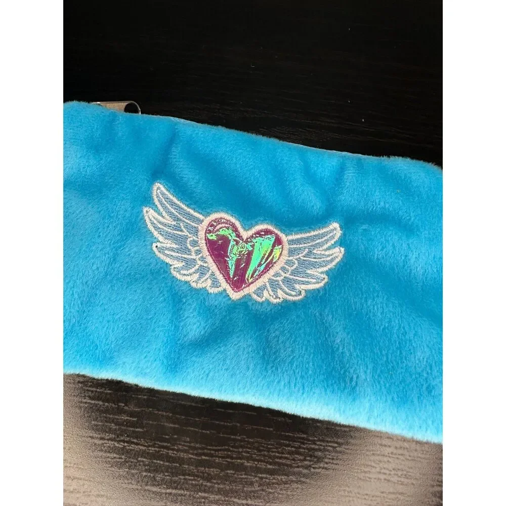Vintage Y2k Heart with Angel Wings Blue Wristlet Embroidered Velour Mini Bag